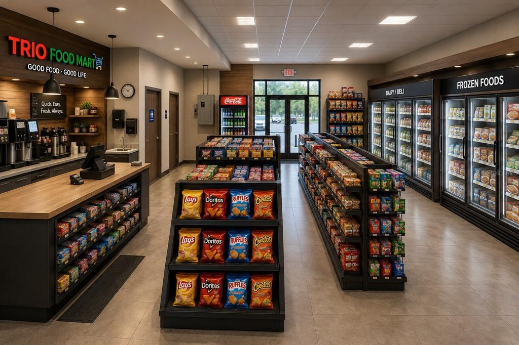 A modern convenience store interior features snack aisles, a checkout counter, and refrigerated display cases — 1106 S COLLINS STREET, PLANT CITY, FL