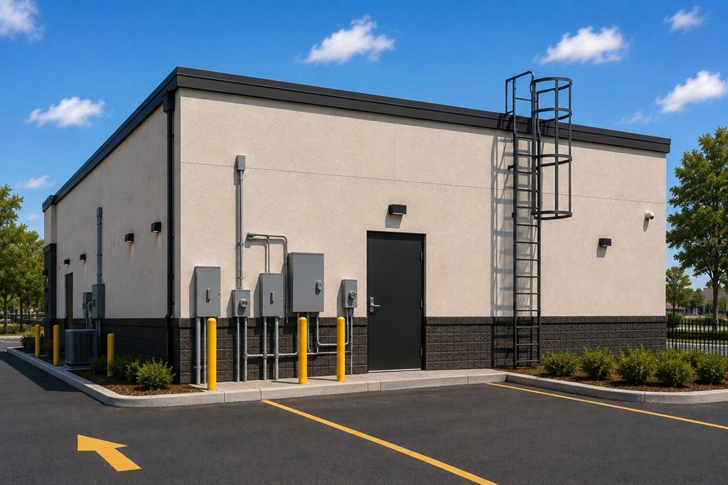 The exterior of a commercial building features a black metal ladder and electrical utility boxes — 1106 S COLLINS STREET, PLANT CITY, FL