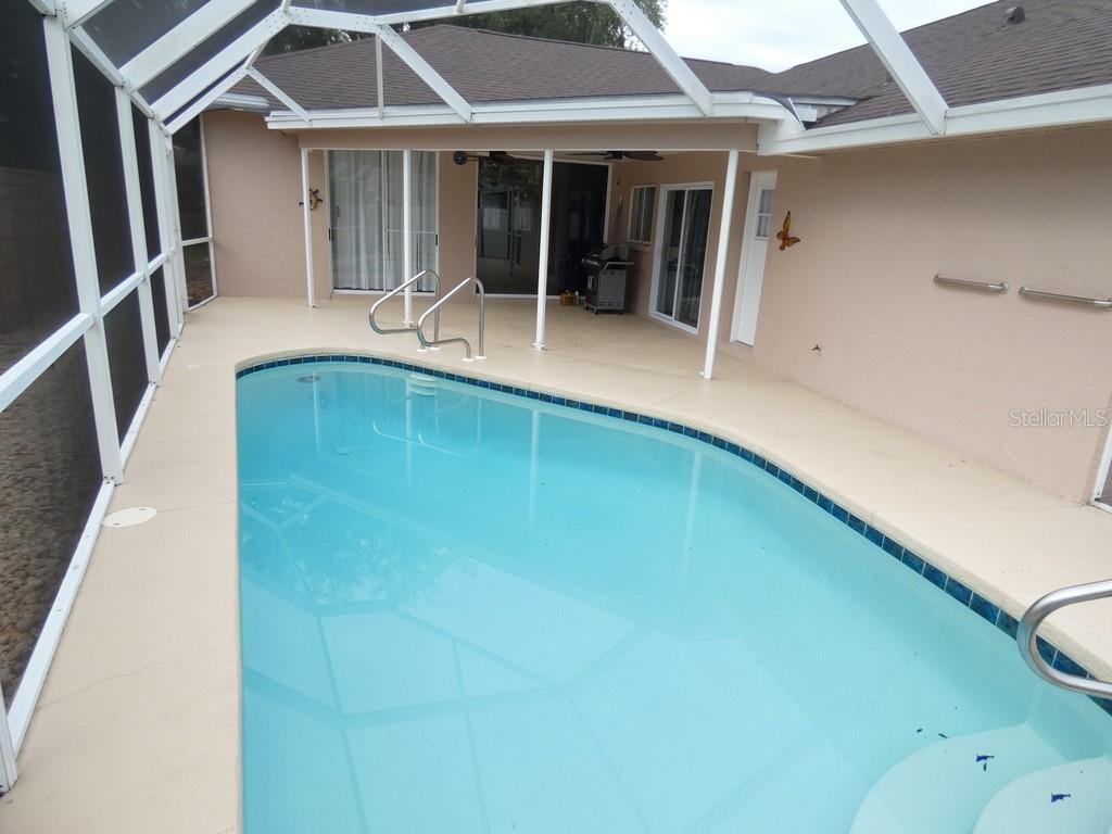 A screened-in patio features a swimming pool with steps and a metal handrail — 907 BRITTANY PARK BOULEVARD, TARPON SPRINGS, FL