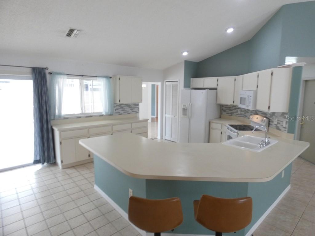 A kitchen with white cabinets, a peninsula countertop, and blue walls with tile flooring — 907 BRITTANY PARK BOULEVARD, TARPON SPRINGS, FL