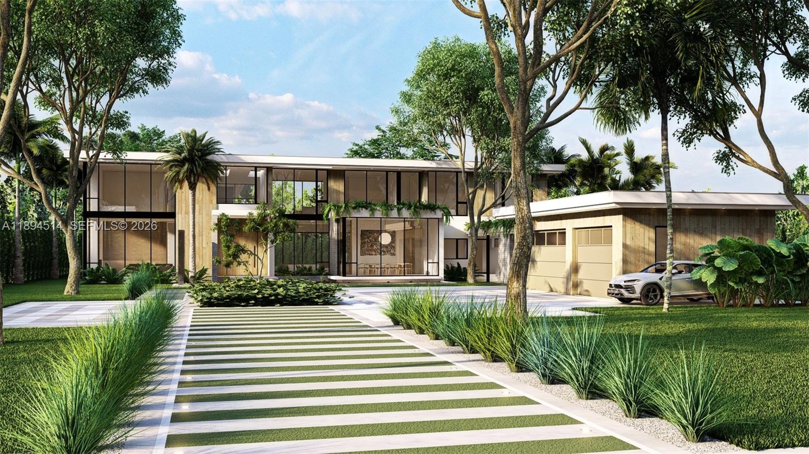 This is a rendering of a modern two-story house with a striped driveway and garage — 5095 SW 82nd St, Miami FL 33143, MIAMI, FL