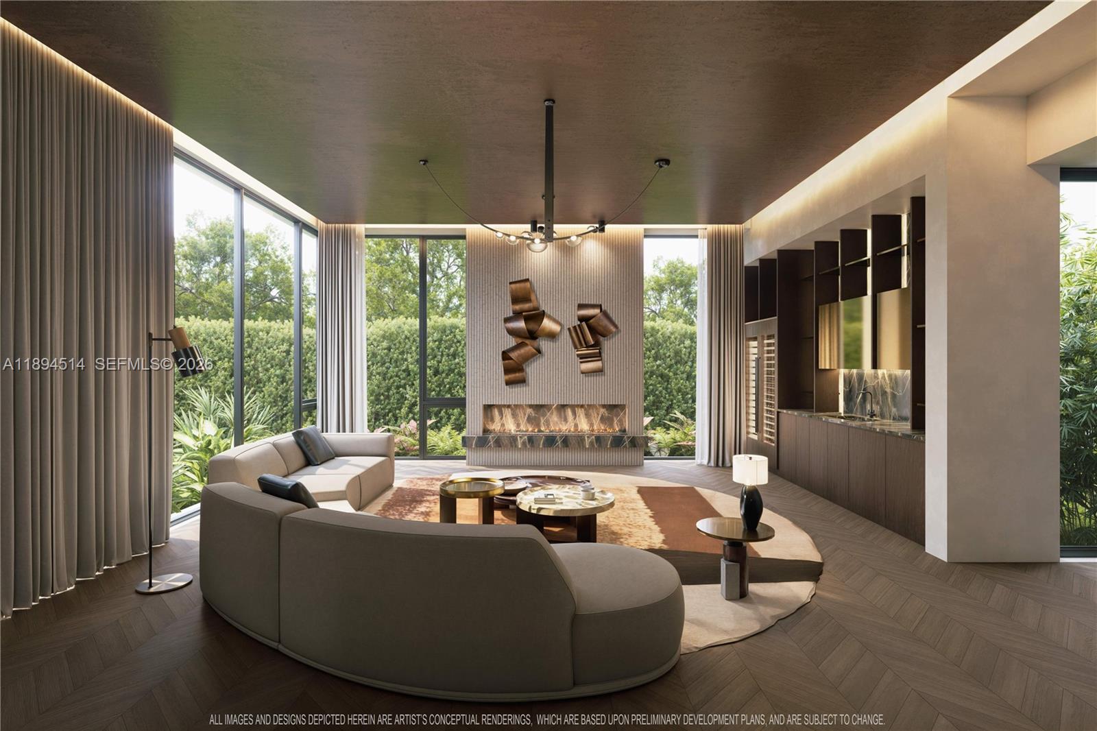 This architectural rendering shows a modern living room with a curved sofa and fireplace — 5095 SW 82nd St, Miami FL 33143, MIAMI, FL