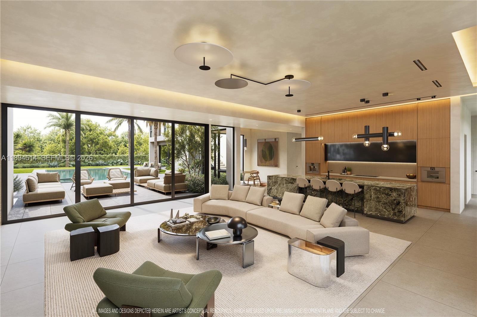 This architectural rendering shows an open-concept living room and kitchen with a pool view — 5095 SW 82nd St, Miami FL 33143, MIAMI, FL