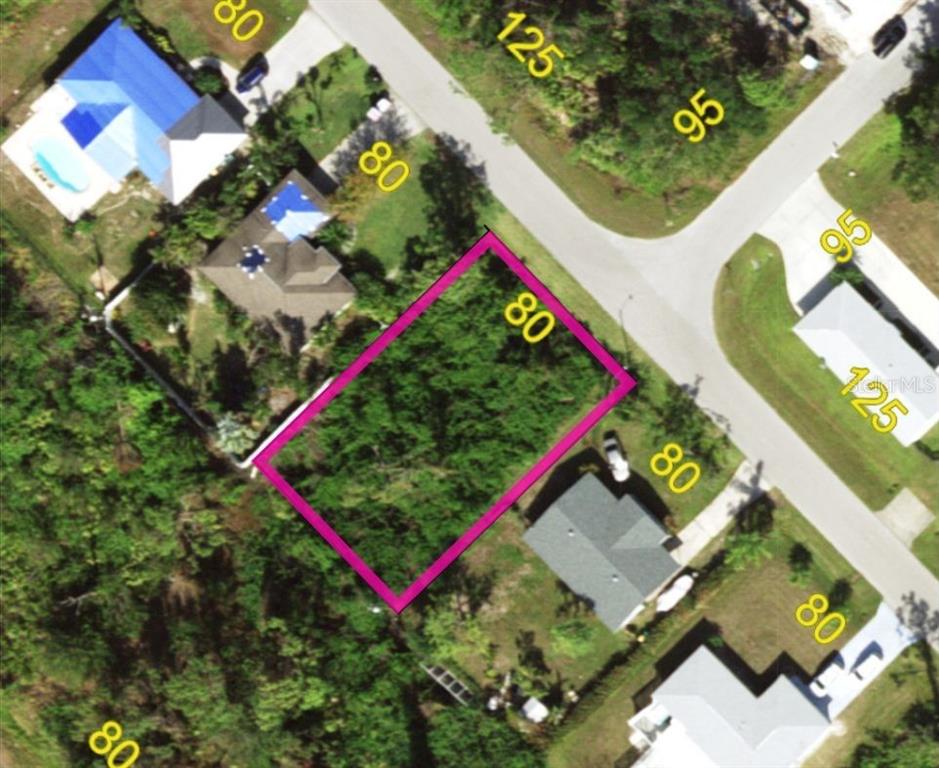 This aerial map shows a vacant residential lot outlined in pink within a suburban neighborhood — 5533 KEMPSON LANE, PORT CHARLOTTE, FL