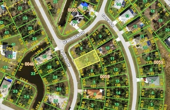 This is a satellite map view showing a vacant residential lot highlighted in yellow — 144 APOLLO DRIVE, ROTONDA WEST, FL