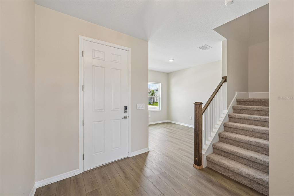 An entryway features a white front door, light wood-look flooring, and a carpeted staircase — 5919 FRESH FLORA DRIVE, WIMAUMA, FL