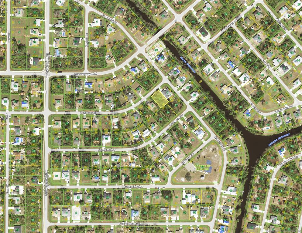 This is an aerial map showing residential lots, streets, and waterways in a neighborhood — 11101 VANESSA AVENUE, ENGLEWOOD, FL