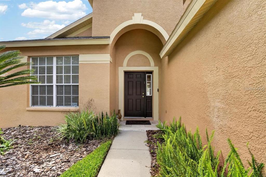 A concrete walkway leads to the dark brown front door of a tan stucco house — 5605 HAWKLAKE ROAD, LITHIA, FL