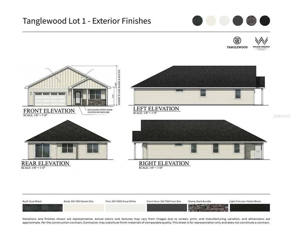 This rendering displays kitchen cabinetry, appliance layout, and material finish samples for a home project — 21006 SW 1ST PLACE, NEWBERRY, FL