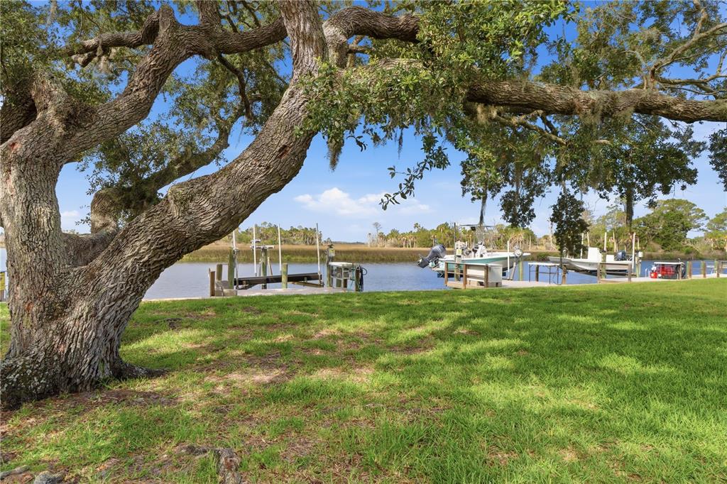 A large oak tree shades a grassy lawn overlooking a canal with boat docks — 11628 W BAYSHORE DRIVE UNIT 8, CRYSTAL RIVER, FL