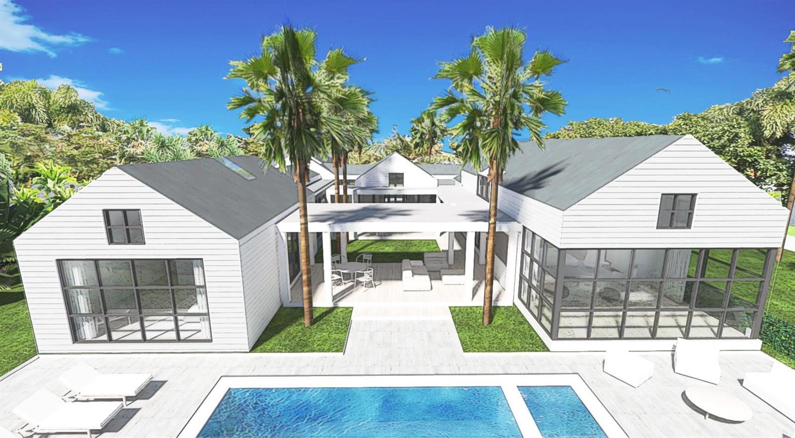 This architectural rendering shows a modern white house with a pool and central patio — 13334 Saffron Circle, West Palm Beach FL 33418, WEST PALM BEACH, FL