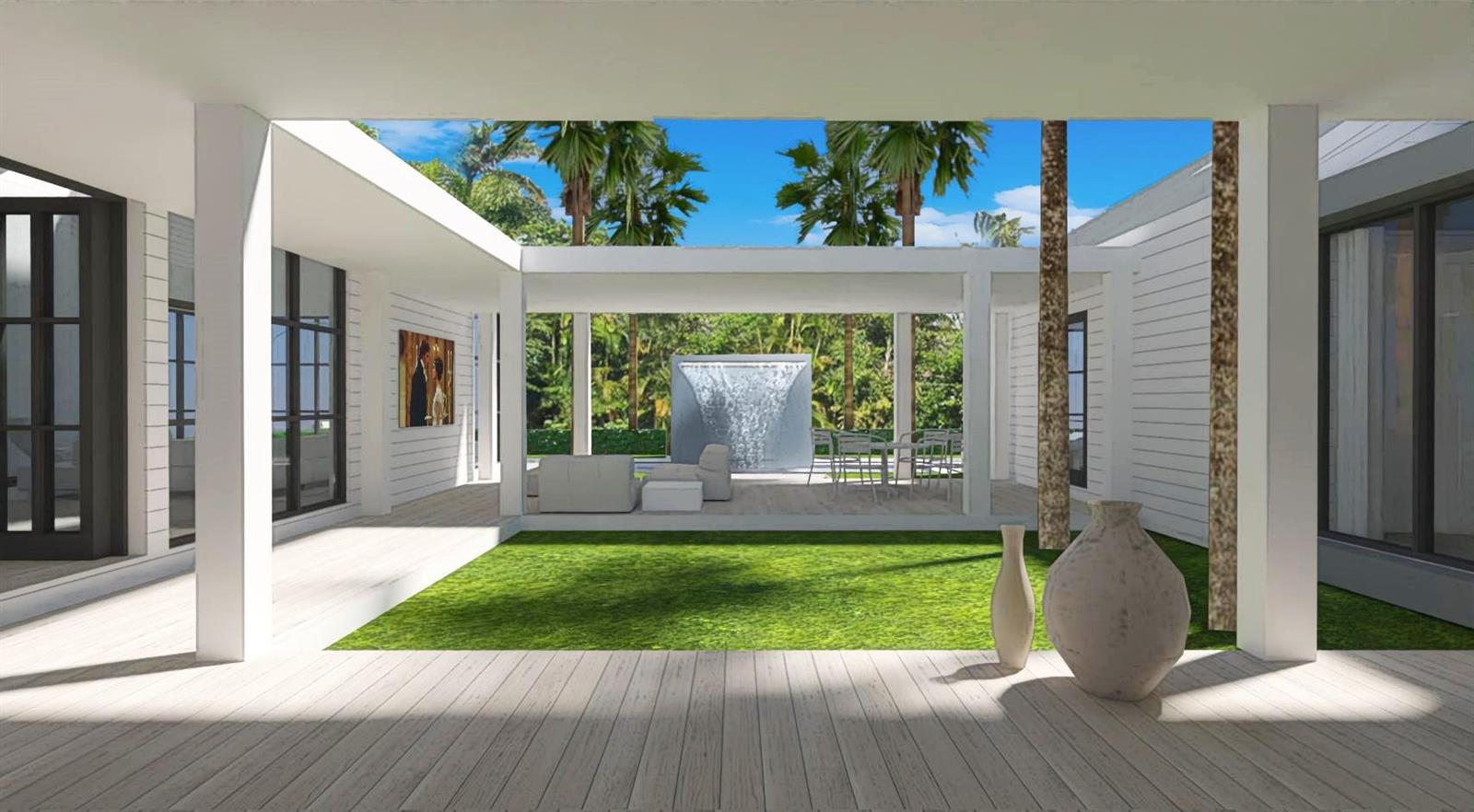 This architectural rendering shows a modern home with a central courtyard, lawn, and water feature — 13334 Saffron Circle, West Palm Beach FL 33418, WEST PALM BEACH, FL