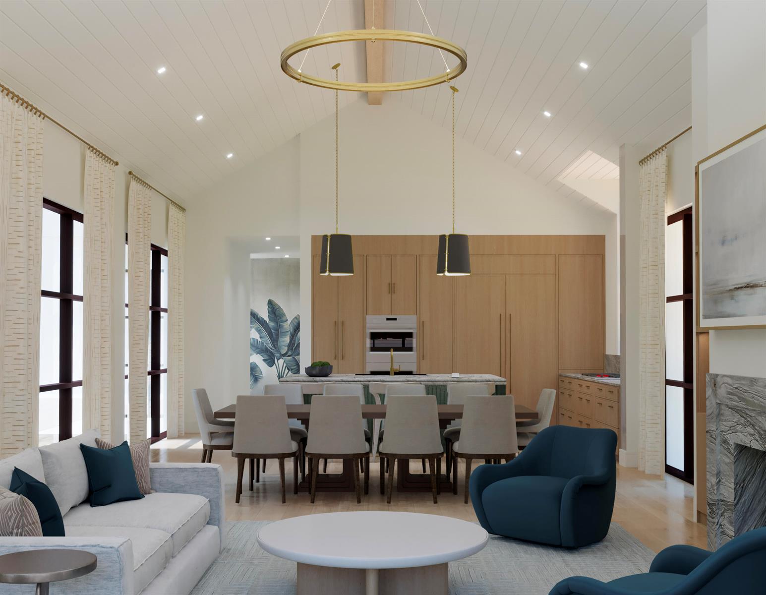 This rendering shows an open-concept living and dining area with vaulted ceilings and wood cabinetry — 13334 Saffron Circle, West Palm Beach FL 33418, WEST PALM BEACH, FL
