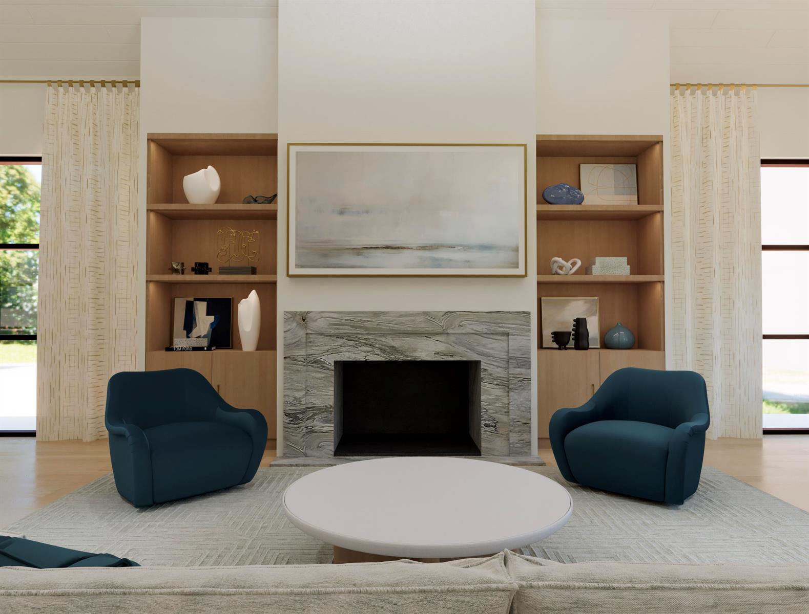 This rendering shows a living room with a marble fireplace, built-in shelves, and two armchairs — 13334 Saffron Circle, West Palm Beach FL 33418, WEST PALM BEACH, FL