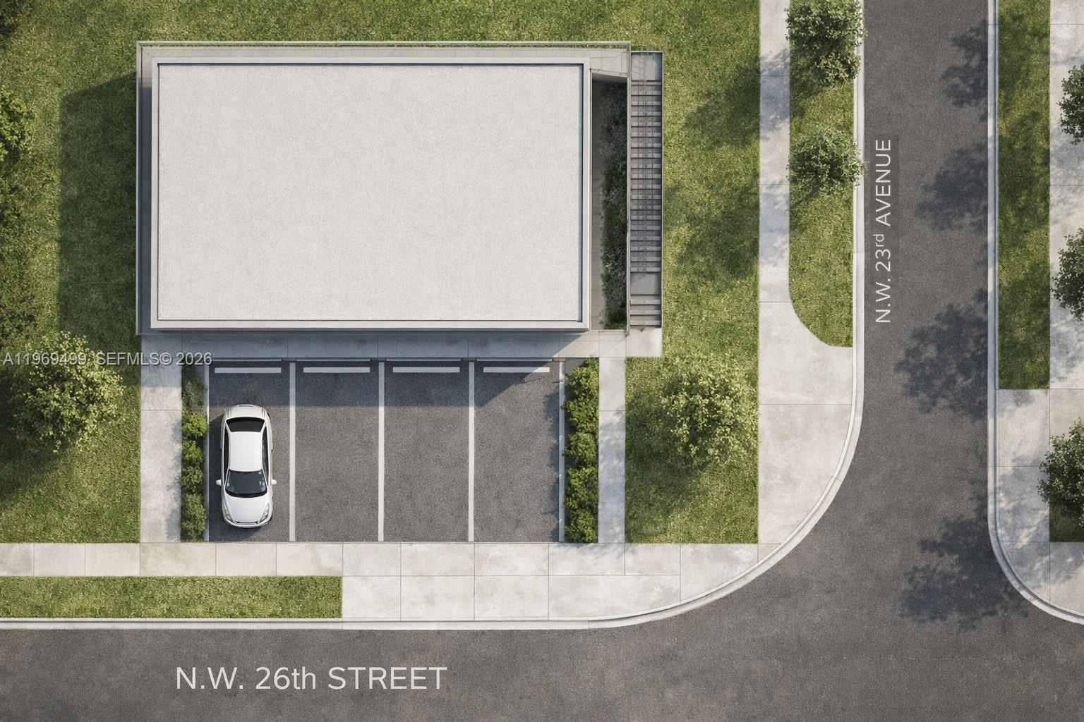 This is a top-down architectural rendering of a building with four parking spaces and stairs — 2600 NW 23rd Ave, Miami FL 33142, MIAMI, FL