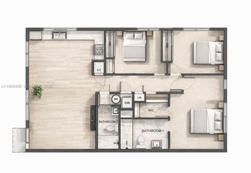 This is a floor plan rendering of a two-bedroom, two-bathroom apartment unit — 2600 NW 23rd Ave, Miami FL 33142, MIAMI, FL