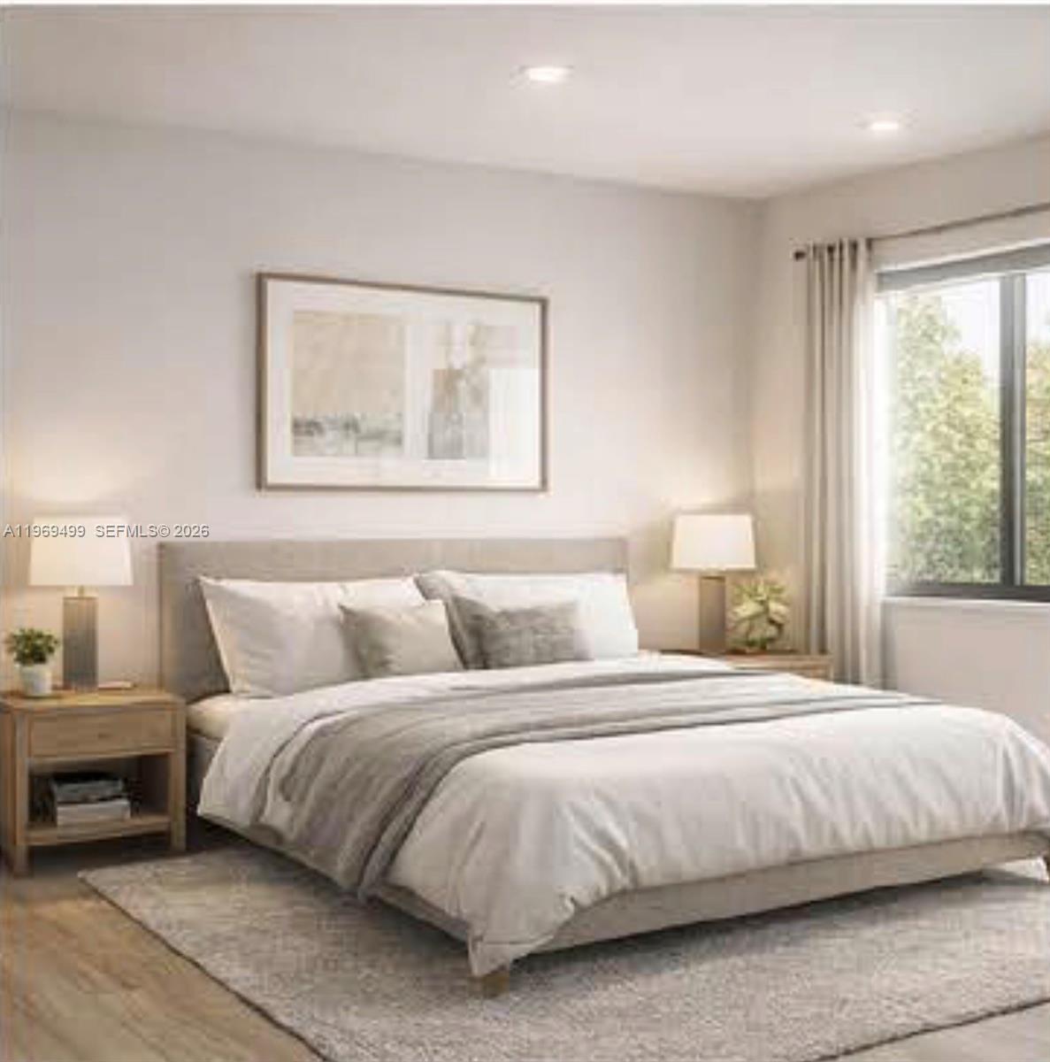 This is a rendering of a bedroom featuring a bed, two nightstands, and lamps — 2600 NW 23rd Ave, Miami FL 33142, MIAMI, FL