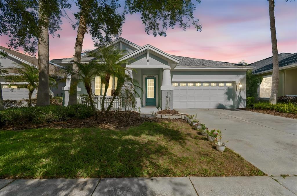 A single-story house with a teal front door, a two-car garage, and a palm tree — 20133 HERON CROSSING DRIVE, TAMPA, FL