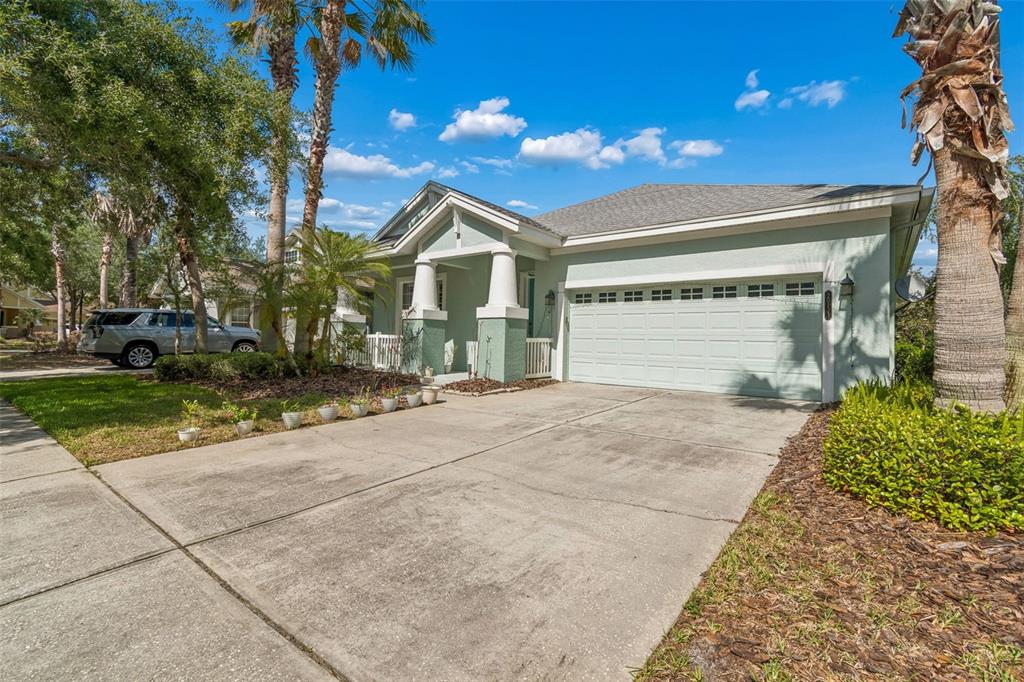 A light green single-story house with a two-car garage and a concrete driveway — 20133 HERON CROSSING DRIVE, TAMPA, FL