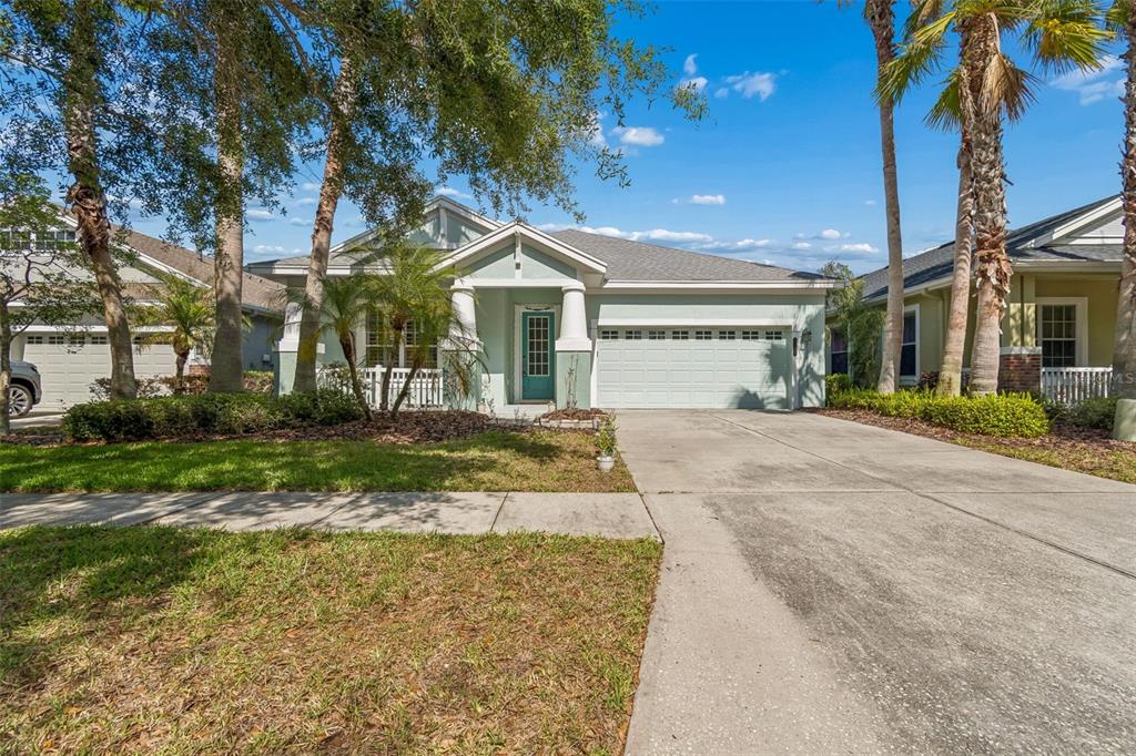 A light green single-story house with a two-car garage and a paved driveway — 20133 HERON CROSSING DRIVE, TAMPA, FL