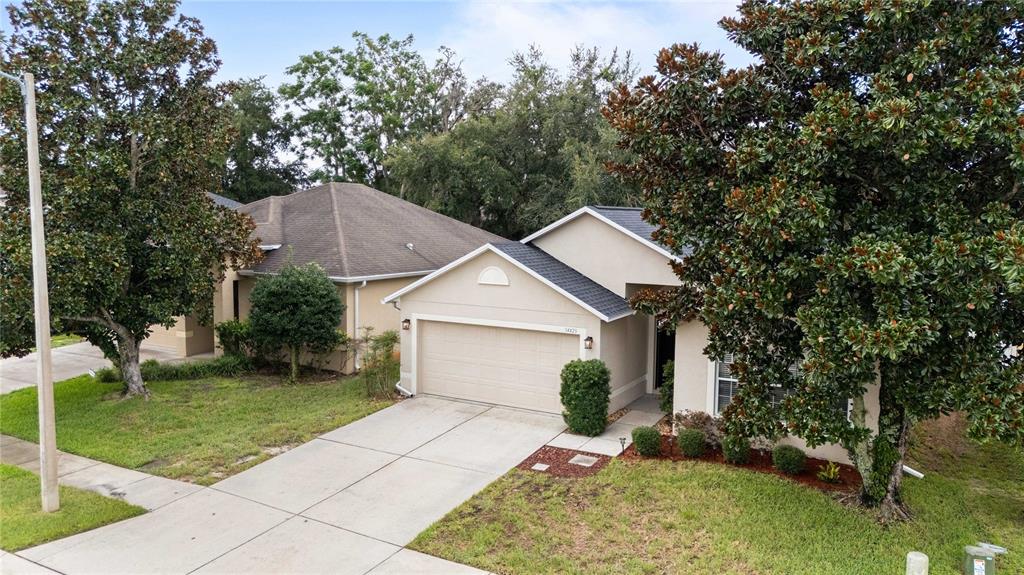 An exterior view of a single-story suburban house with a two-car garage and large trees — 14423 FINSBURY DRIVE, SPRING HILL, FL