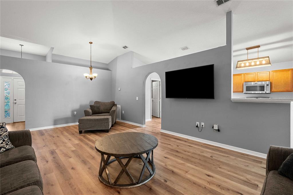 A living room with wood-look flooring, gray walls, a wall-mounted television, and an arched doorway — 14423 FINSBURY DRIVE, SPRING HILL, FL