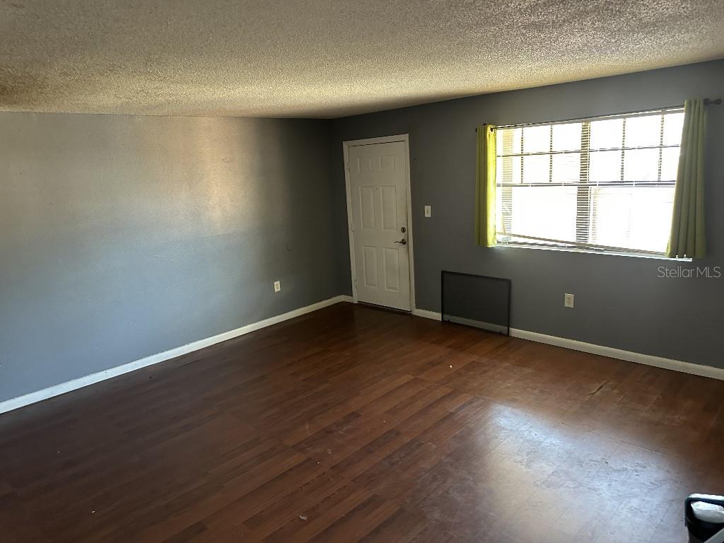 An empty room features dark wood-look flooring, gray walls, a white door, and a window — 12406 HIBISCUS OAK PLACE UNIT 202, TAMPA, FL