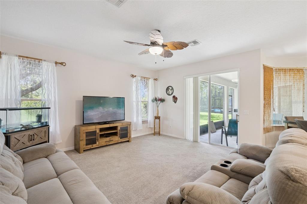A carpeted living room features a television on a wooden stand and a sliding glass door — 2589 CORBYTON COURT, ORLANDO, FL