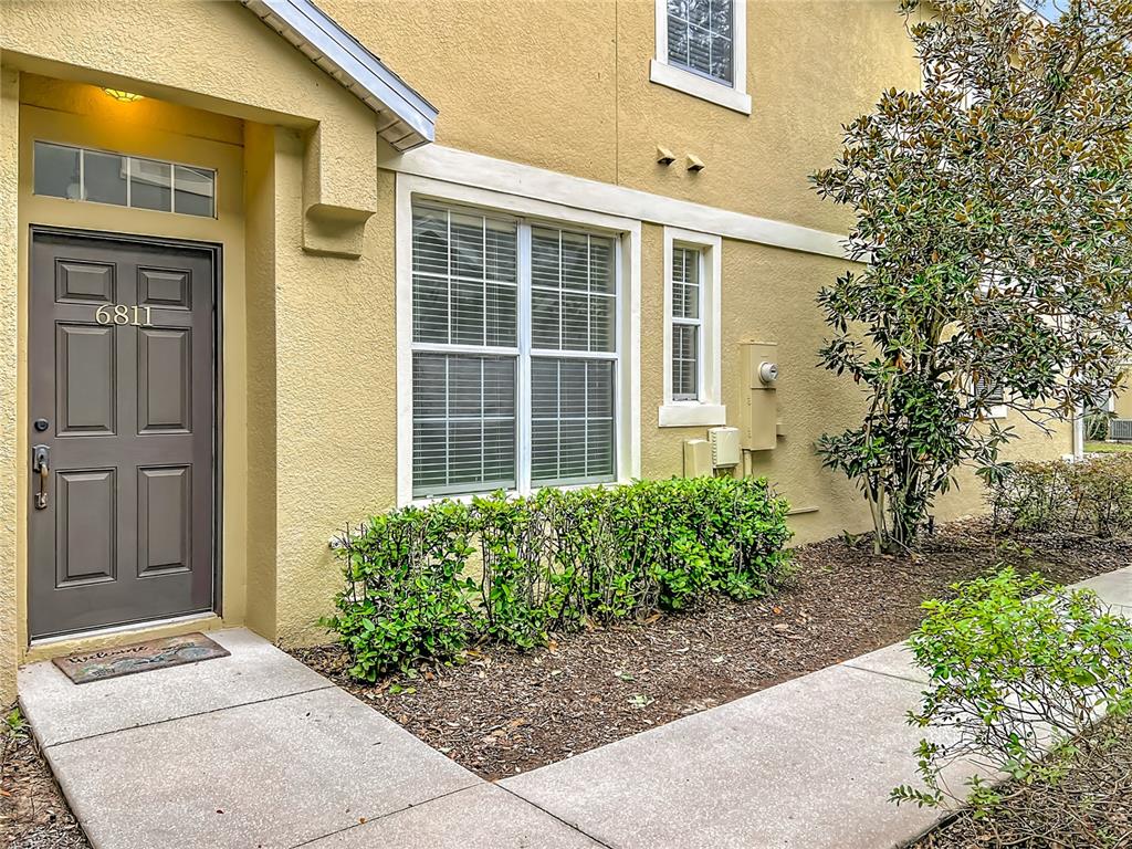 The exterior of a tan stucco building features a brown front door and a window — 6811 BREEZY PALM DRIVE, RIVERVIEW, FL
