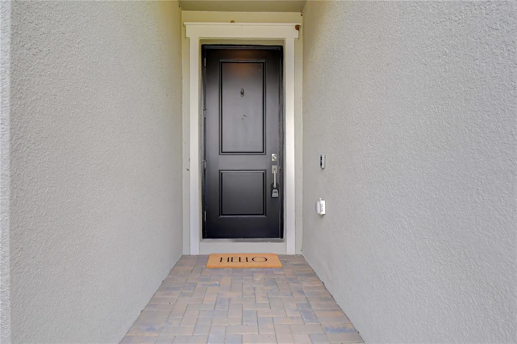 A black front door with a welcome mat is set within a recessed entryway — 21534 VIOLET PERIWINKLE DRIVE, LAND O LAKES, FL