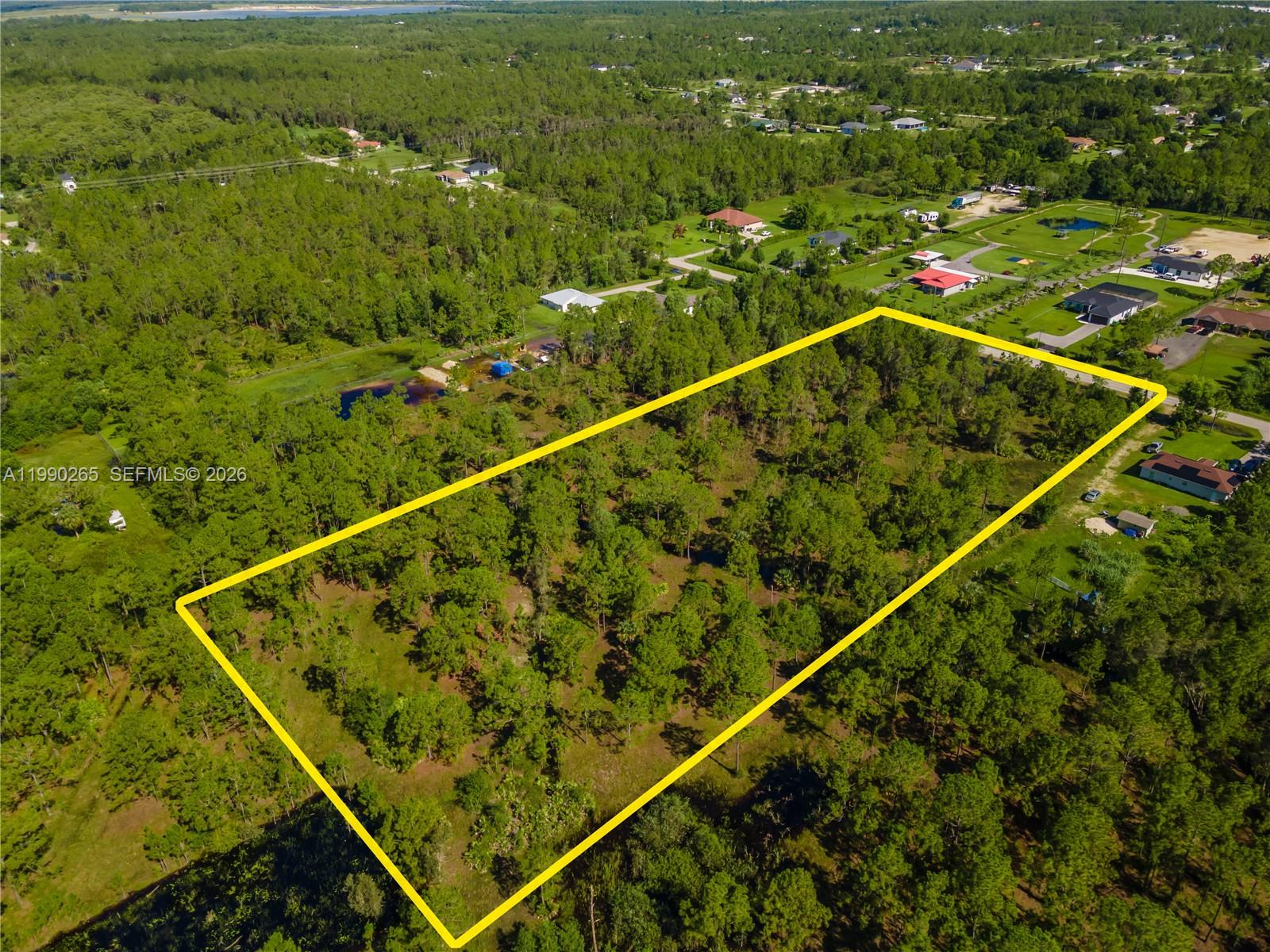 An aerial view shows a rectangular, tree-covered vacant lot outlined in yellow — 50th AVE NE Everglades BLVD N, Naples FL 34120, NAPLES, FL