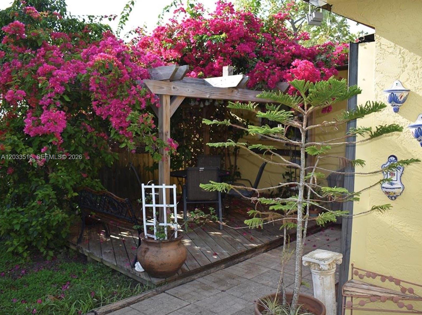 A wooden pergola covers a deck with outdoor seating, surrounded by vibrant pink bougainvillea — 4415 Tyler St # 4415, Hollywood FL 33021, HOLLYWOOD, FL