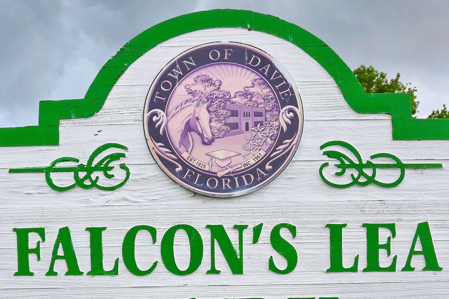 A sign for Falcon's Lea features the Town of Davie seal on a white background — 15061 Durham Lane, Davie FL 33331, DAVIE, FL