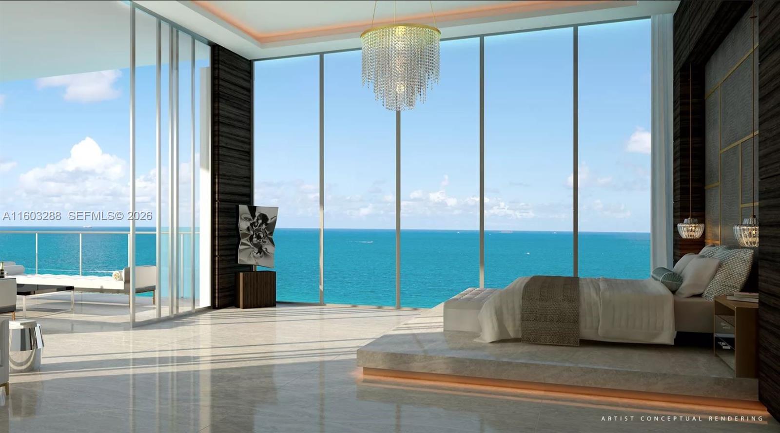 This artist conceptual rendering shows a modern bedroom with floor-to-ceiling windows overlooking the ocean — OTHER COUNTRY - NOT IN USA, FL