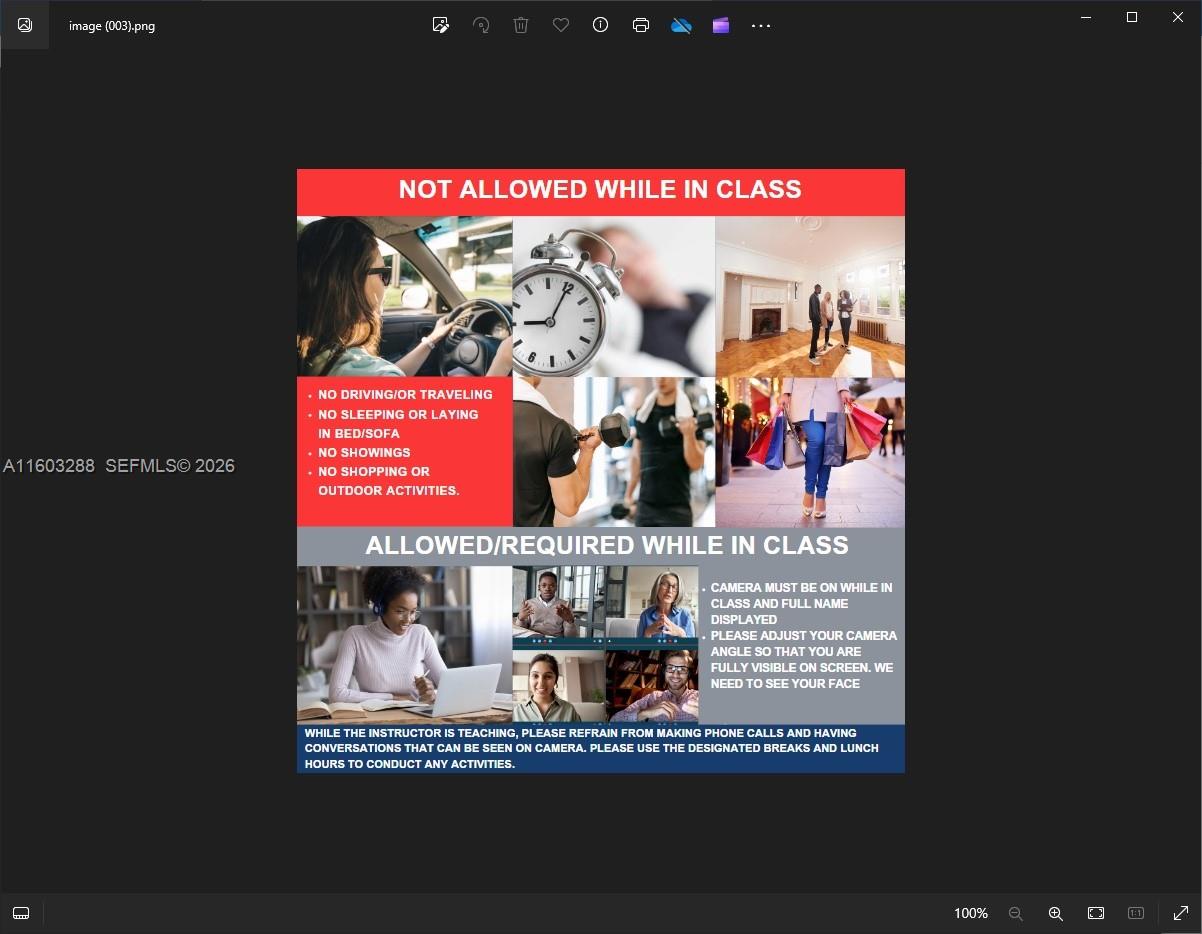This image is an informational graphic outlining classroom rules for virtual attendance and professional conduct — OTHER COUNTRY - NOT IN USA, FL