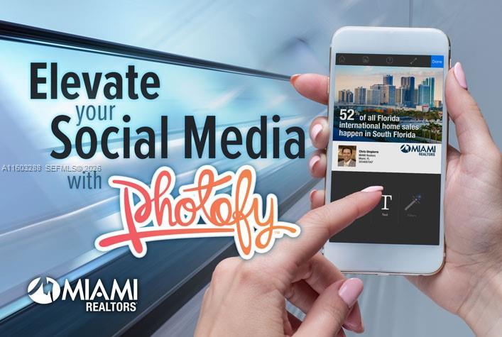 A hand holds a smartphone displaying a social media marketing app for Miami Realtors — OTHER COUNTRY - NOT IN USA, FL