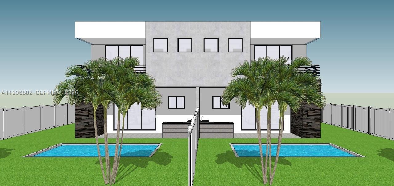 A digital rendering shows the rear exterior of a modern duplex with two private pools — 1660 SW 24th Ave, Miami FL 33145, MIAMI, FL