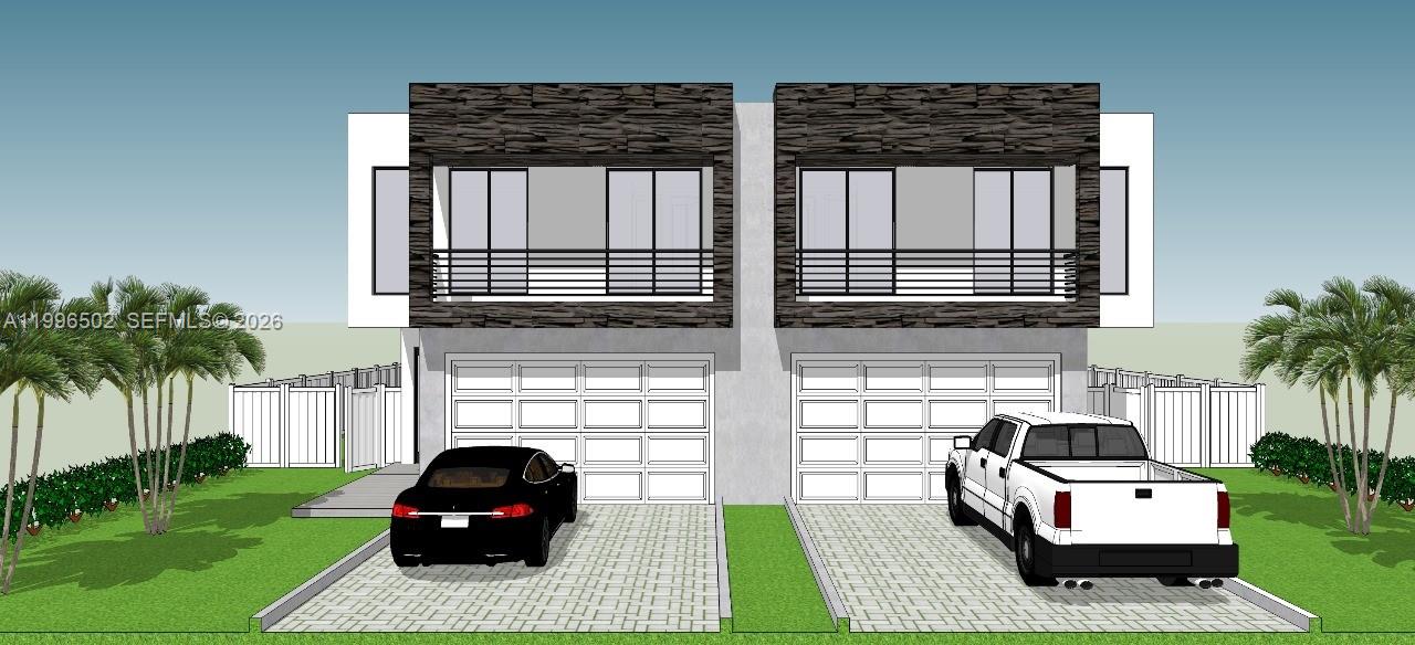 This is a digital rendering of a two-story modern duplex with a pool and garage — 1660 SW 24th Ave, Miami FL 33145, MIAMI, FL
