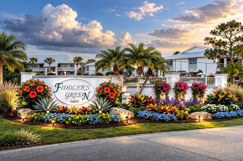 A landscaped entrance sign for Fiddler's Green features palm trees, colorful flowers, and white buildings — 6800 PLACIDA ROAD UNIT 290, ENGLEWOOD, FL