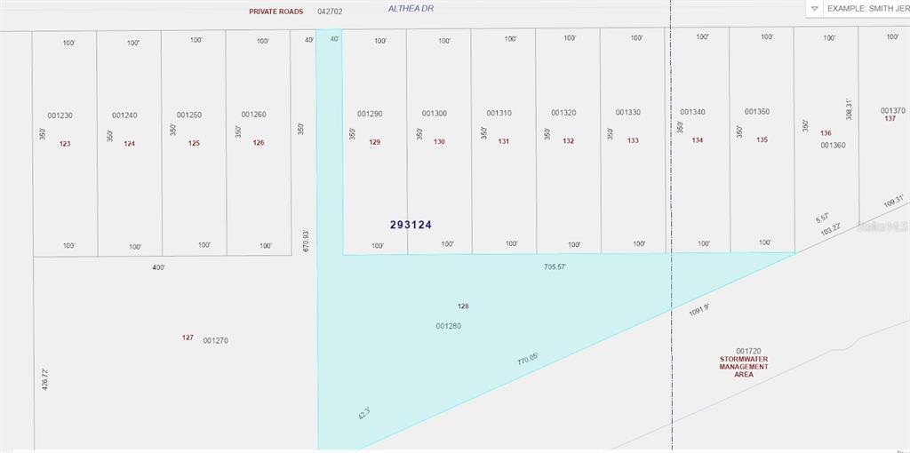 This is a property tax map showing subdivided land parcels along Althea Drive — ALTHEA DRIVE, INDIAN LAKE ESTATES, FL