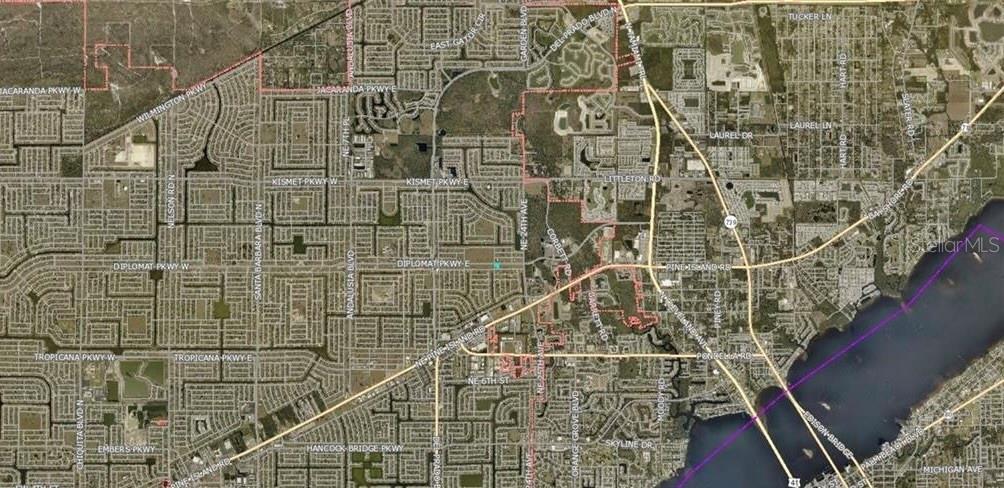 This is an aerial map showing residential streets and waterways in Cape Coral, Florida — 2104 DIPLOMAT PARKWAY E, CAPE CORAL, FL
