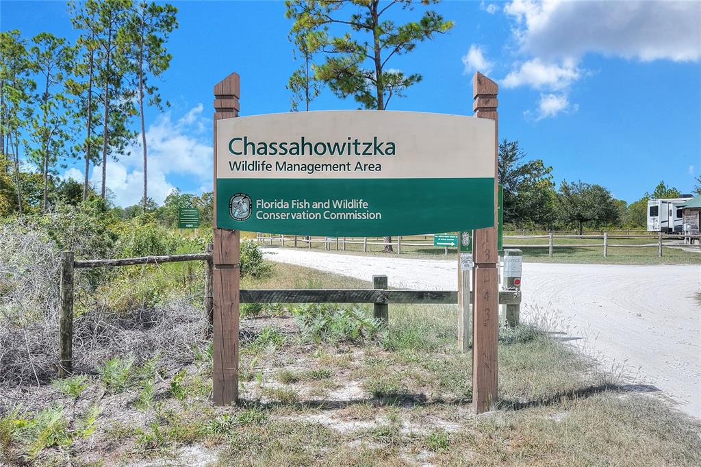 A sign for the Chassahowitzka Wildlife Management Area stands at the entrance to a dirt road — PINE ISLAND DRIVE, WEEKI WACHEE, FL