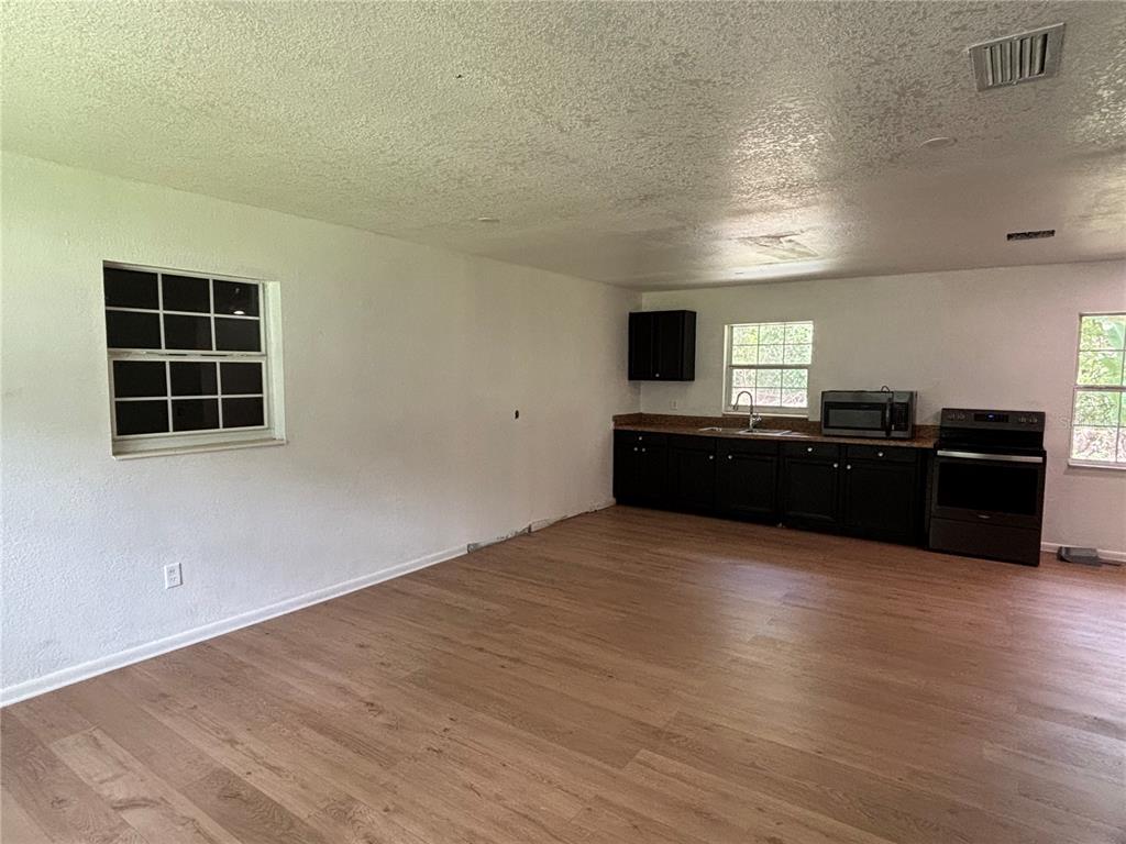 An open-concept kitchen and living area features dark cabinets, stainless appliances, and wood-look flooring — 205 S CHANDLER AVENUE, DELAND, FL