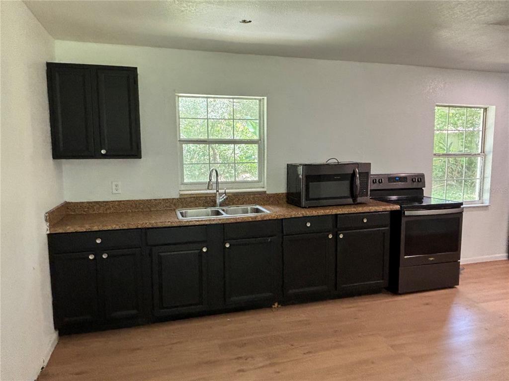 A kitchen features black cabinets, a speckled countertop, a double sink, and black appliances — 205 S CHANDLER AVENUE, DELAND, FL