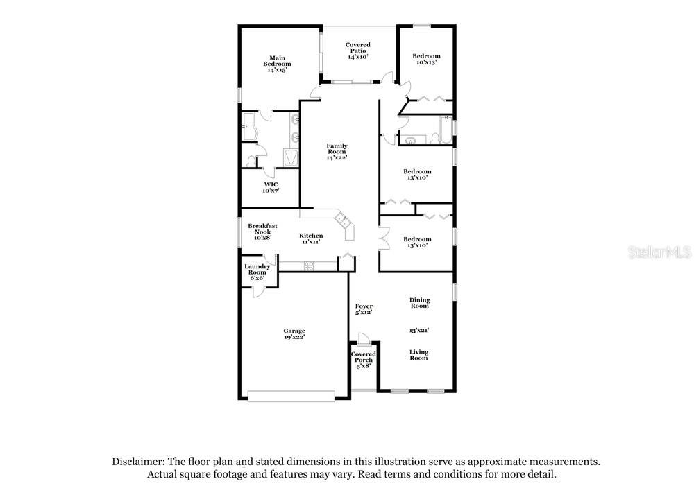 This floor plan shows a single-story house with four bedrooms, a garage, and a patio — 513 9TH STREET NE, RUSKIN, FL
