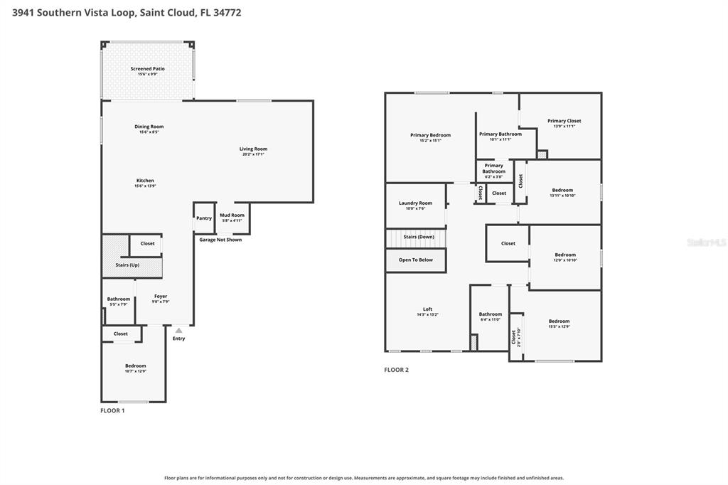 This is a two-story floor plan showing the layout of a residential home — 3941 SOUTHERN VISTA LOOP, ST CLOUD, FL