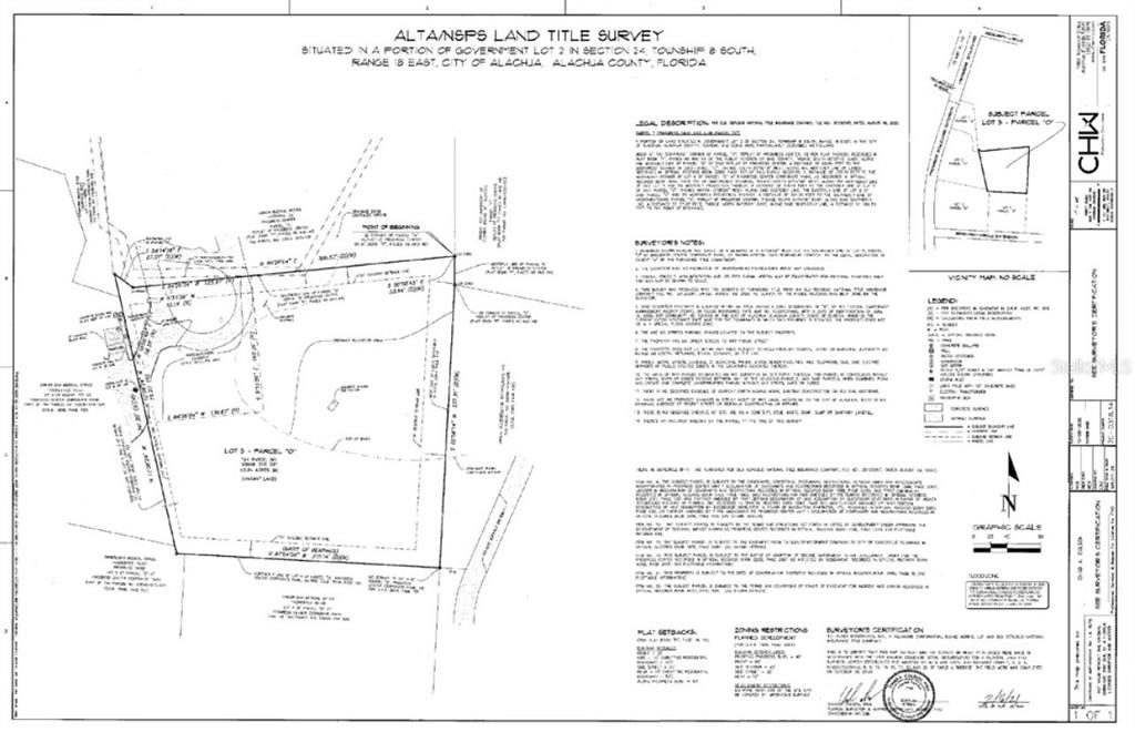 This is a land title survey map showing property boundaries, legal descriptions, and site details — RESEARCH CIRCLE, ALACHUA, FL