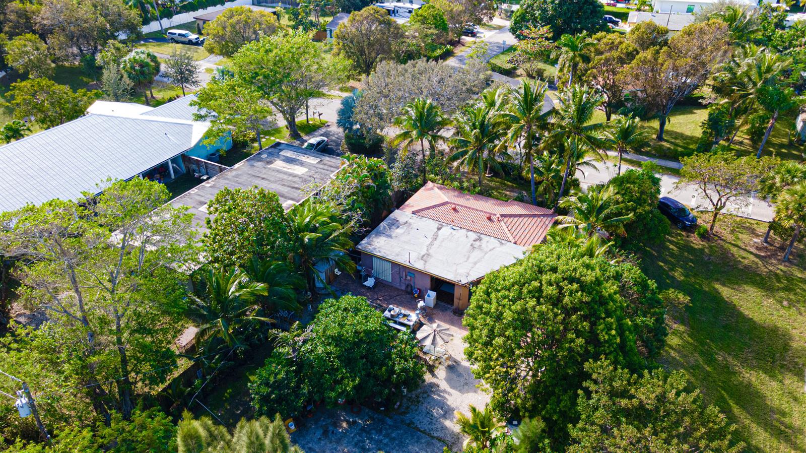 An aerial view shows two adjacent houses surrounded by lush trees and palm foliage — 1501 NE 3rd Avenue, Delray Beach FL 33444, DELRAY BEACH, FL