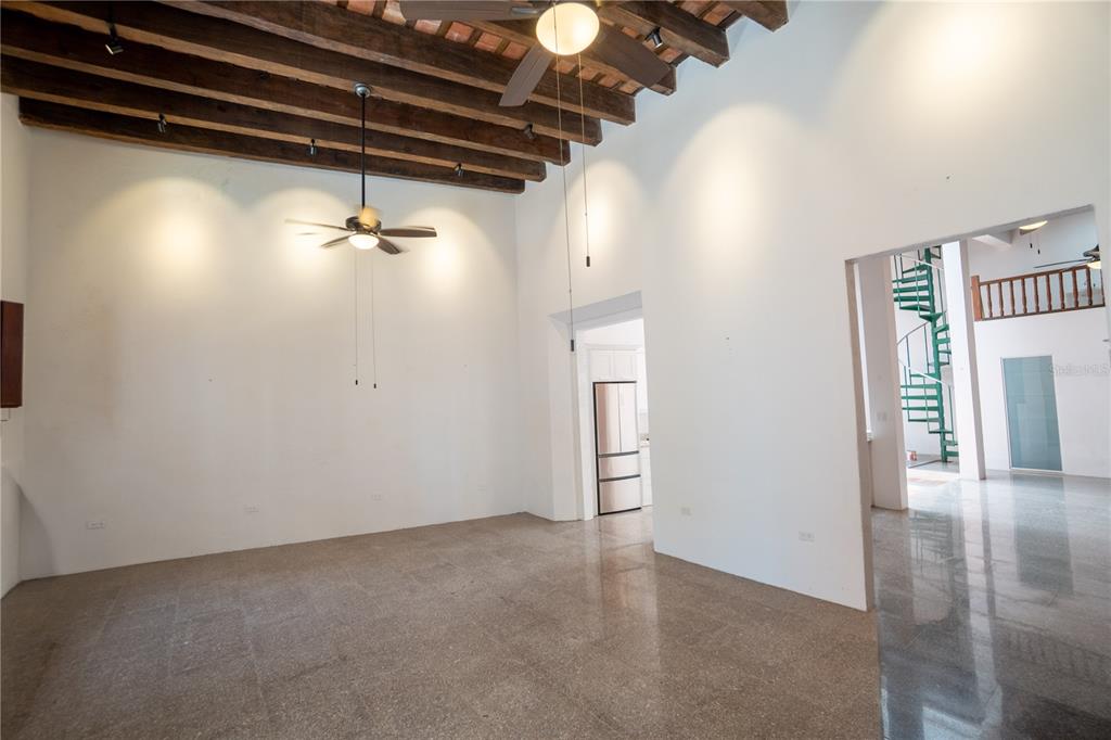 A bedroom and kitchen area feature a spiral staircase, exposed wood beams, and a living wall — 8 DE LA CRUZ, SAN JUAN, PR