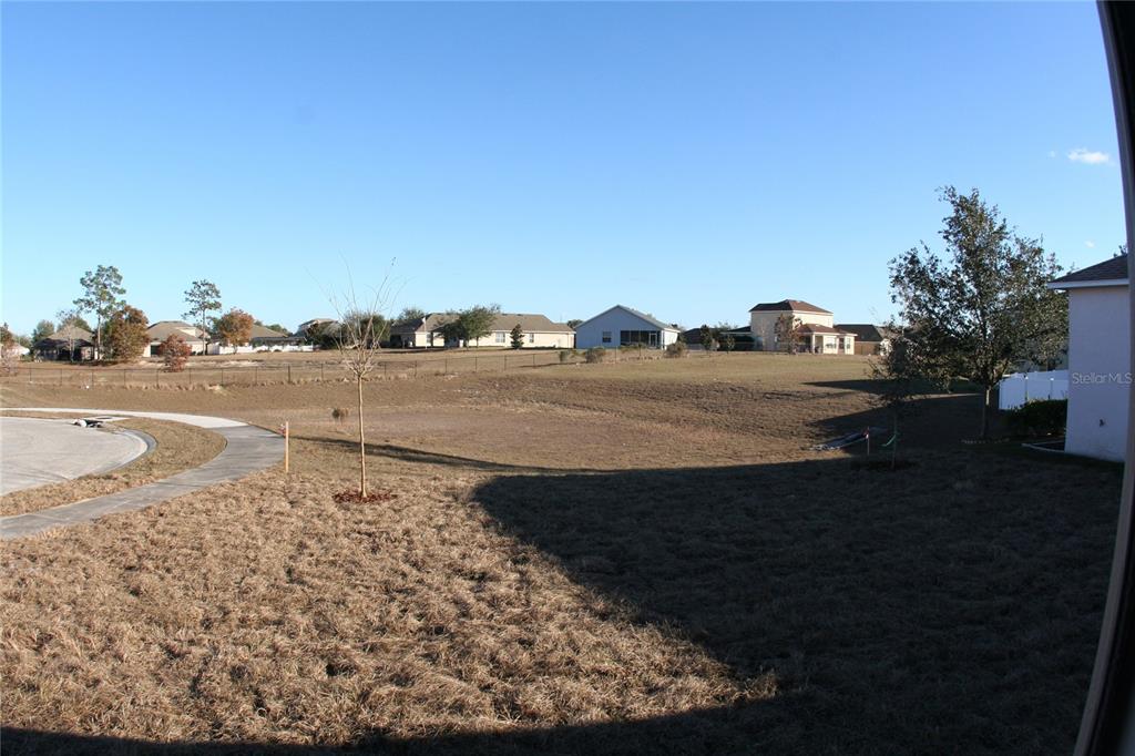 A view of a grassy backyard and a sidewalk overlooking a suburban neighborhood — 4362 HIGH RIDGE AVENUE, SPRING HILL, FL